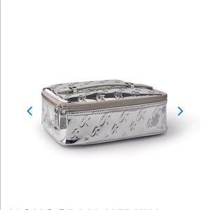 GLAM-AHOLIC MONOGRAM MEDIUM COSMETIC TOILETRY BAG SILVER METALLIC PINK INTERIOR